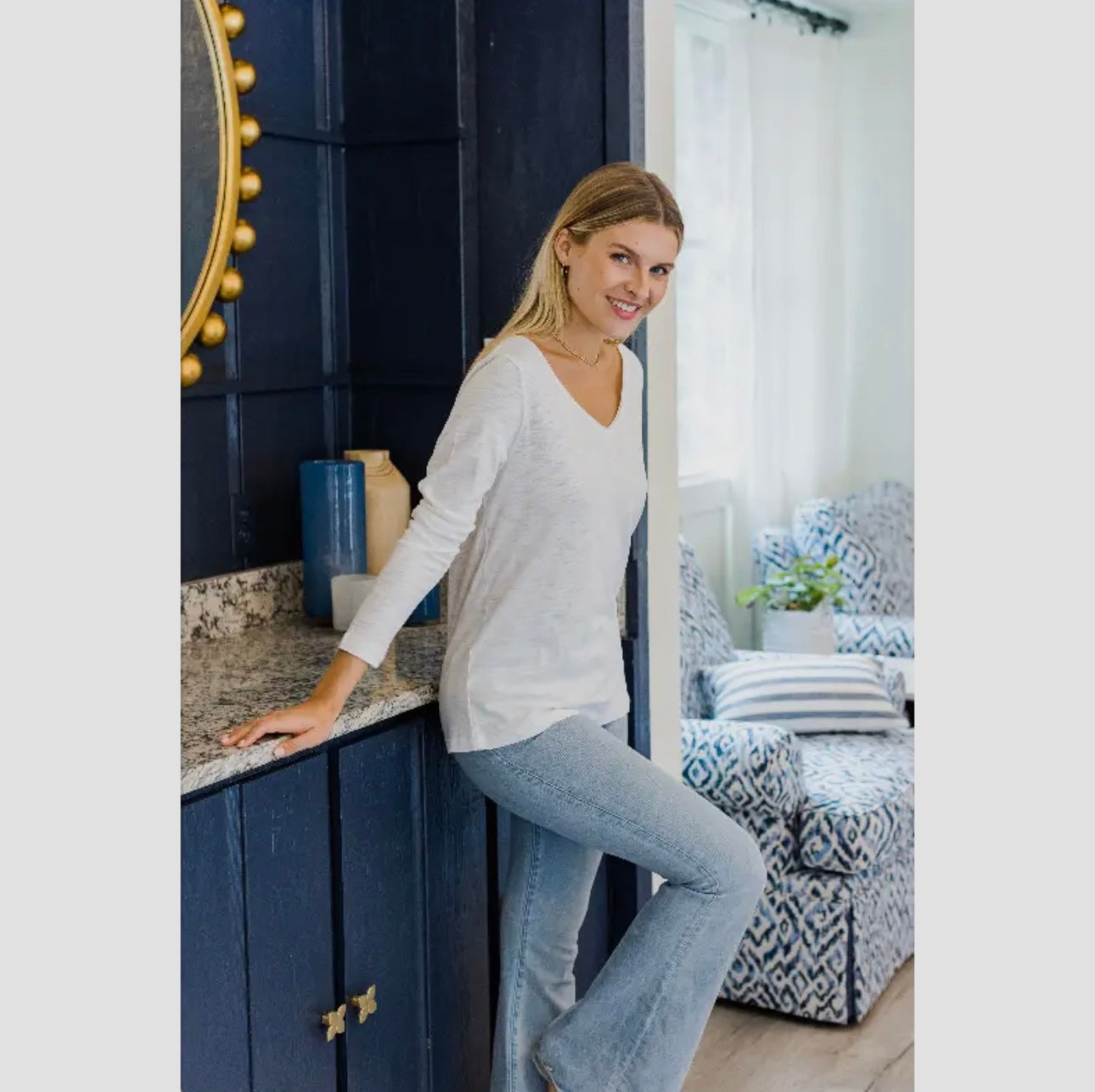 Long Sleeve Messy V Tee-Erin Gray