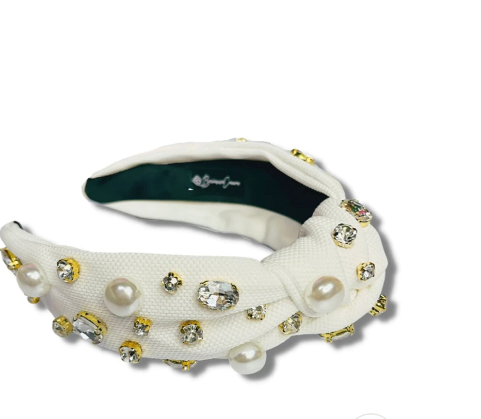 White Twill headband  with pearls and crystals